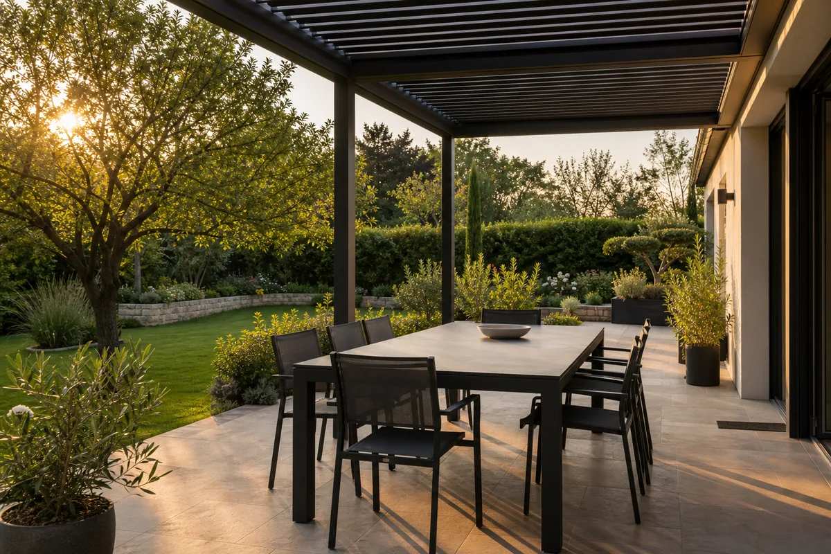 Table et chaises de terrasse en aluminium sous une pergola, lumière de fin de journée, terrasse extérieure vide