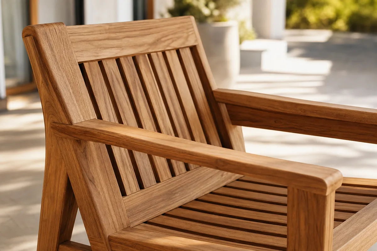 Fauteuil de terrasse en teck massif, grain du bois visible, lumière d’après-midi, arrière-plan flou
