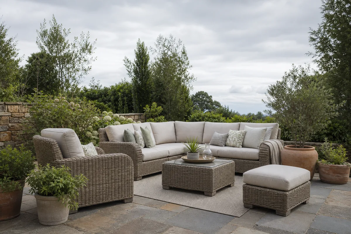 Ensemble de mobilier de terrasse en résine tressée avec coussins, ciel couvert, plantes en pot autour