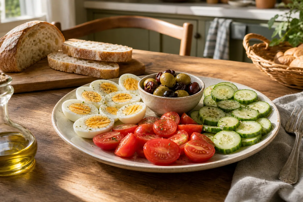 Assiette froide composée de pain, œufs durs, tomates cerises et concombre sur une table de cuisine en bois, lumière naturelle
