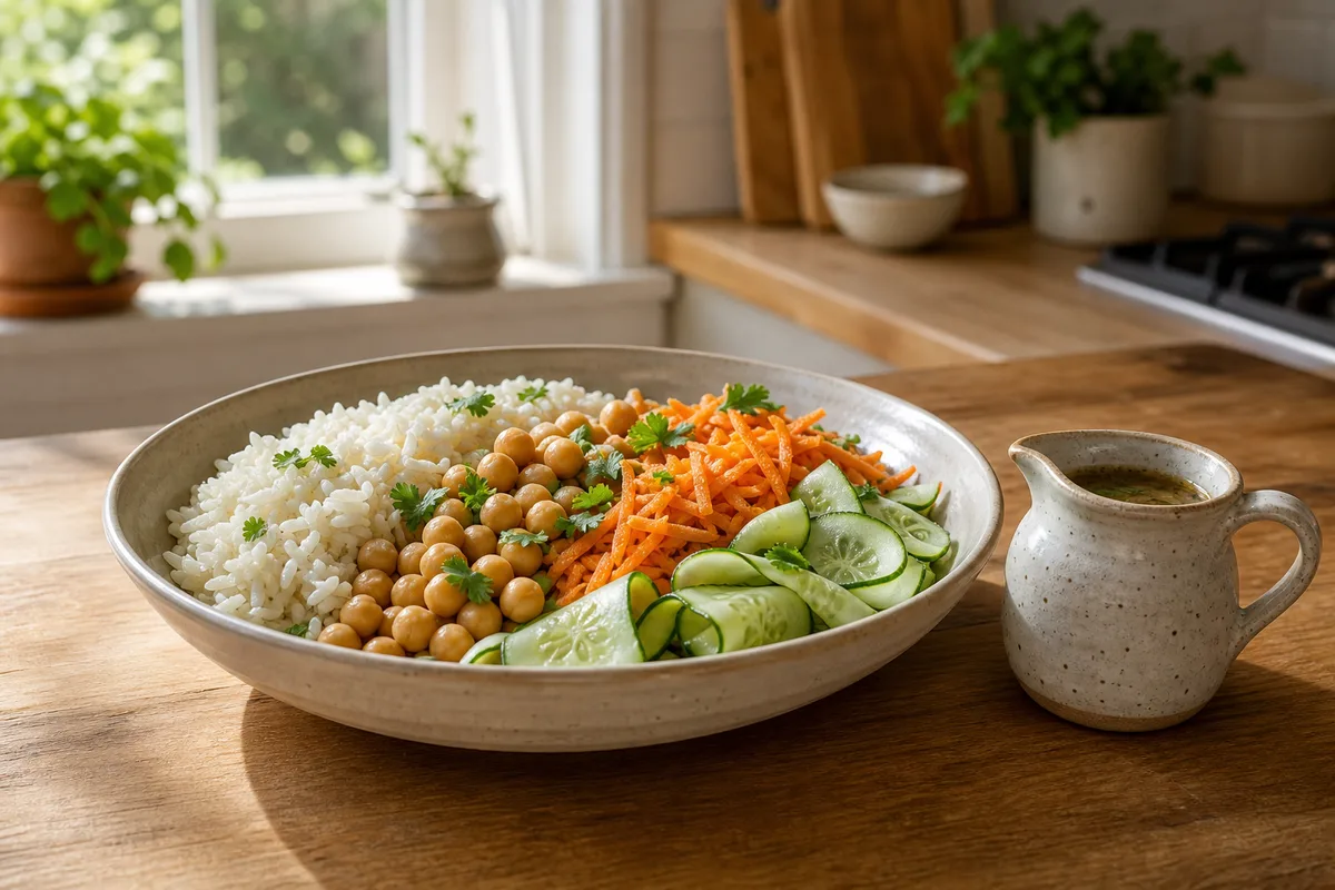 Bol froid composé de riz, pois chiches, carottes râpées et concombre, disposé en sections sur un comptoir de cuisine