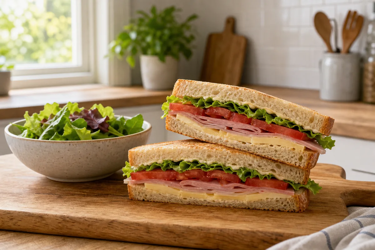 Sandwichs composés coupés en deux, garnis de salade, tomate, fromage et jambon, posés sur une planche en bois