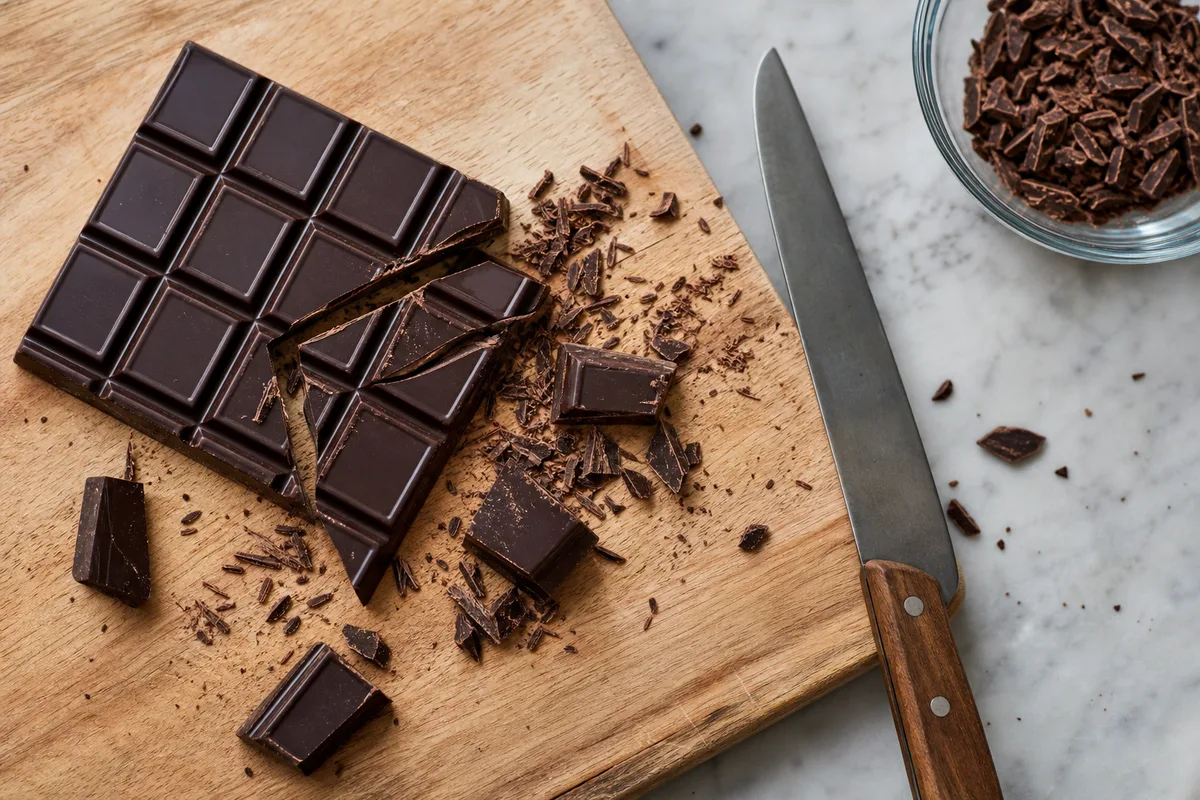 Morceaux de chocolat noir à 70 % de cacao et carrés cassés sur une planche en bois clair