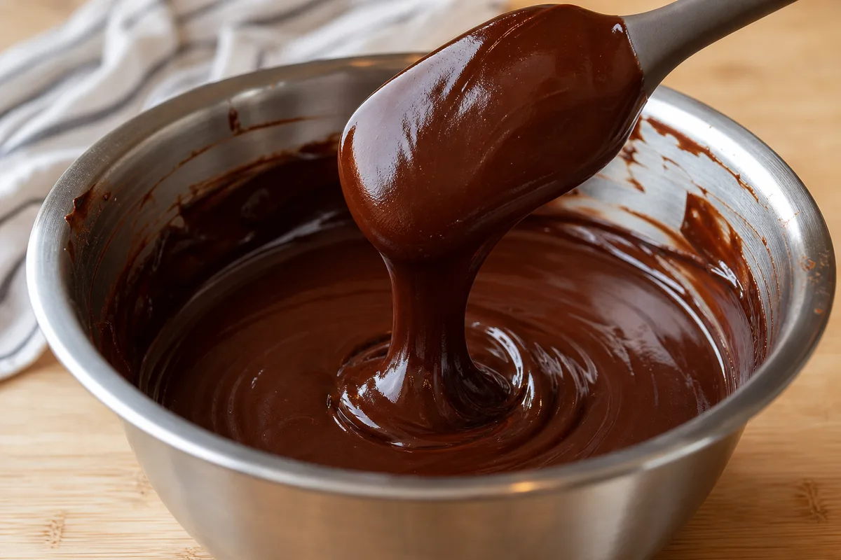 Chocolat noir fondu au beurre, lisse et brillant, coulant en ruban d’une spatule au-dessus d’un saladier