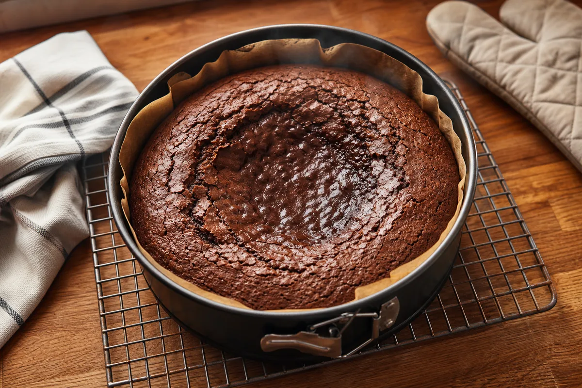 Gâteau au chocolat fondant tout juste sorti du four dans son moule, surface légèrement craquelée et centre encore souple