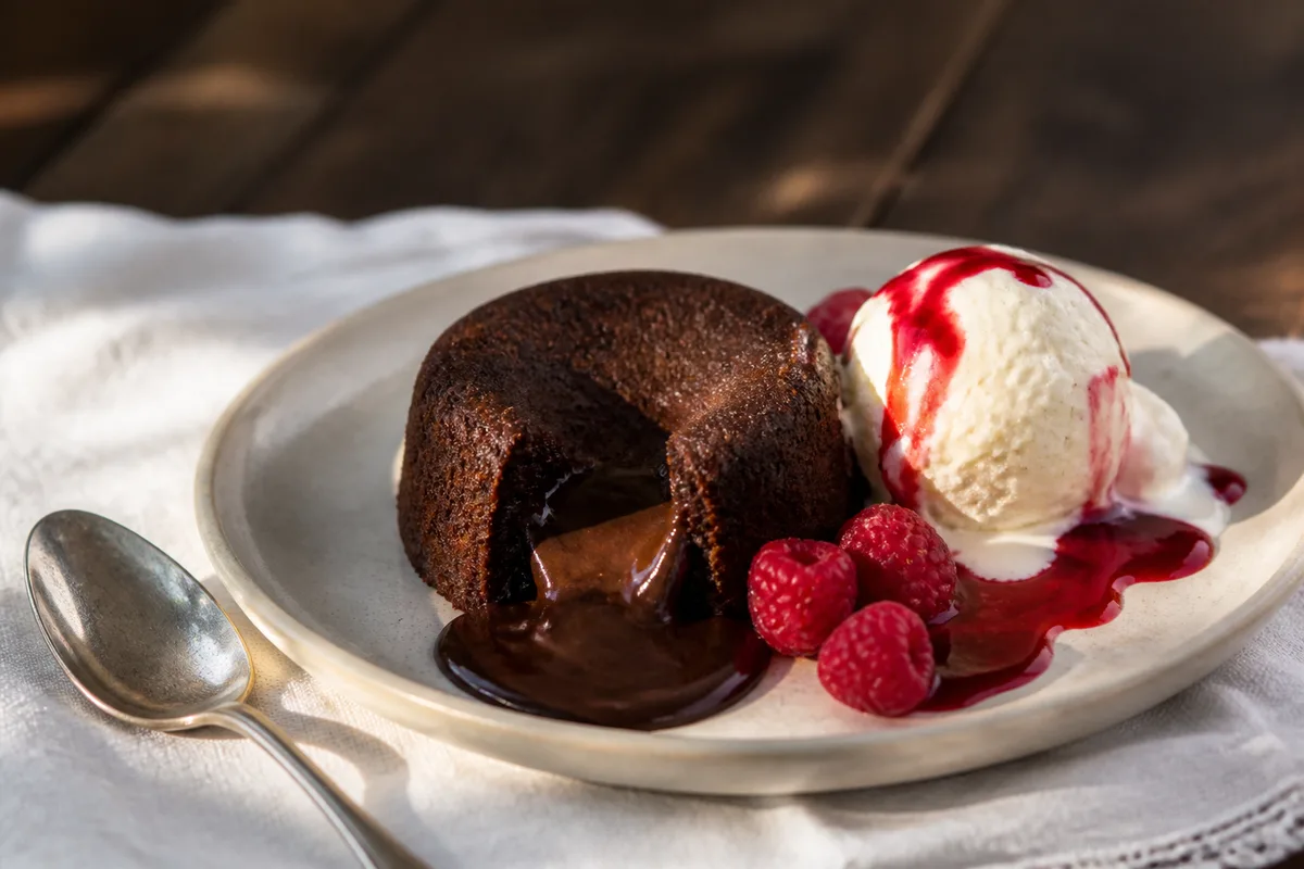 Part de fondant au chocolat tiède accompagnée d’une boule de glace vanille et d’un coulis de fruits rouges